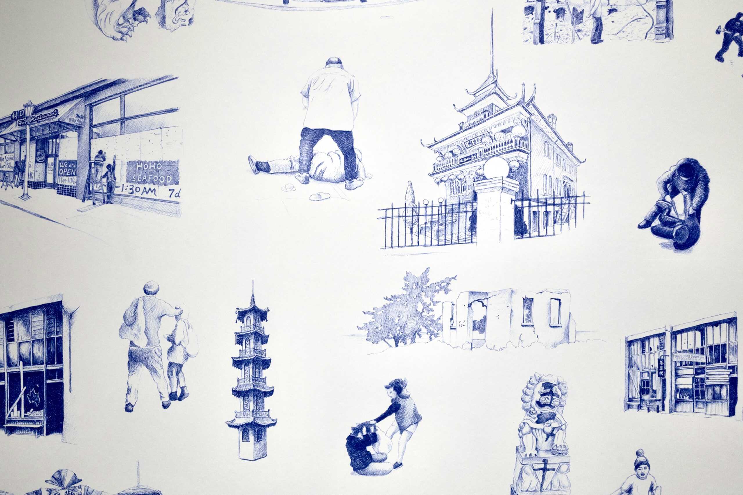 Details from Karen Tam's "Ruinscape" wallpaper. Blue and white drawings of various places and (violent) interactions in Chinatown.